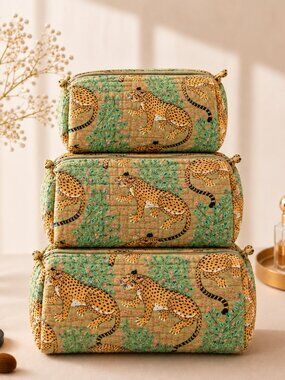 Set of 3 Olive Sage Leopard Print Cosmetic Bag Quilted Cotton Toiletry Pouch